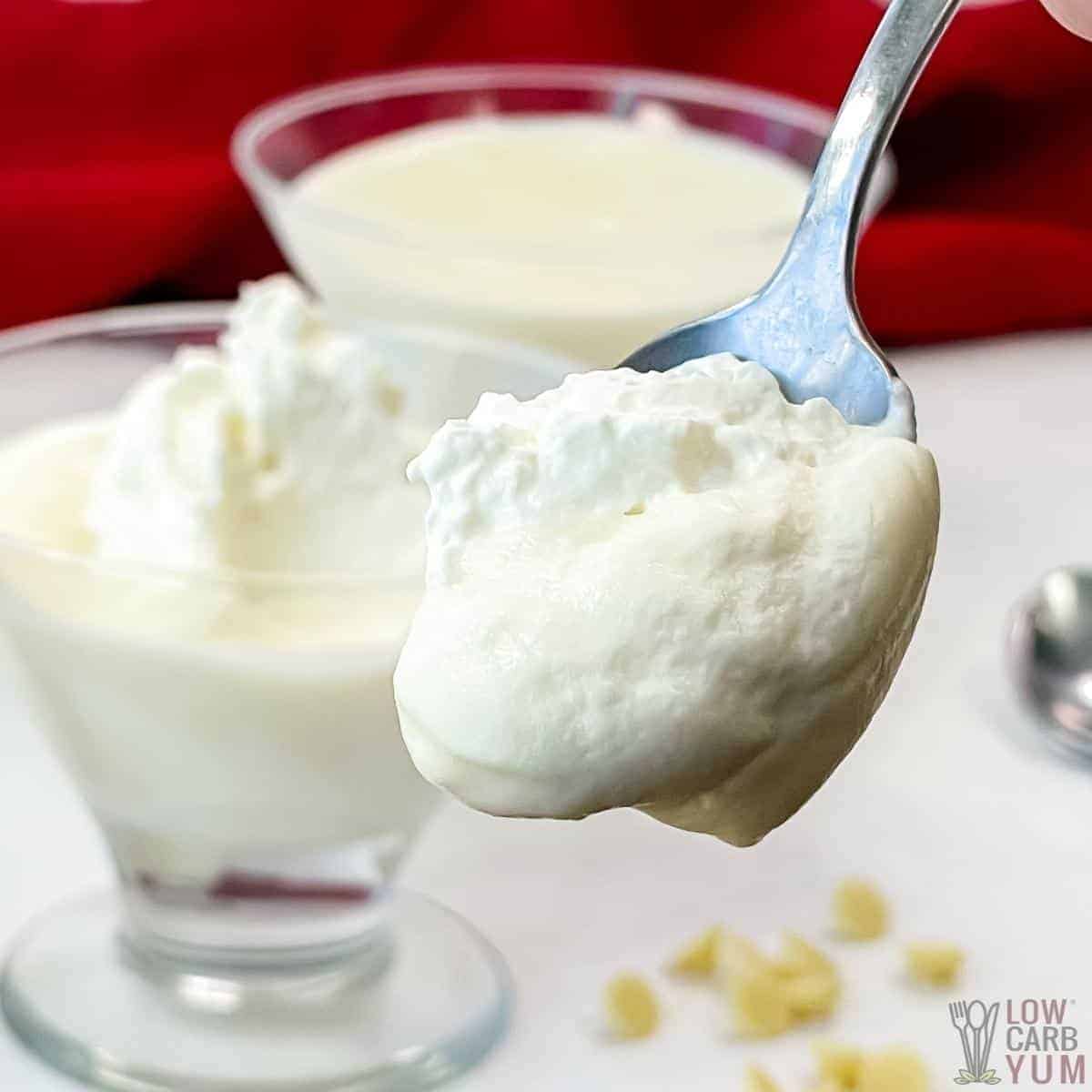white chocolate mousse on spoon.