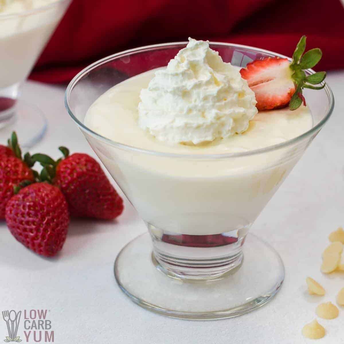 white chocolate mousse in glass dessert dish.