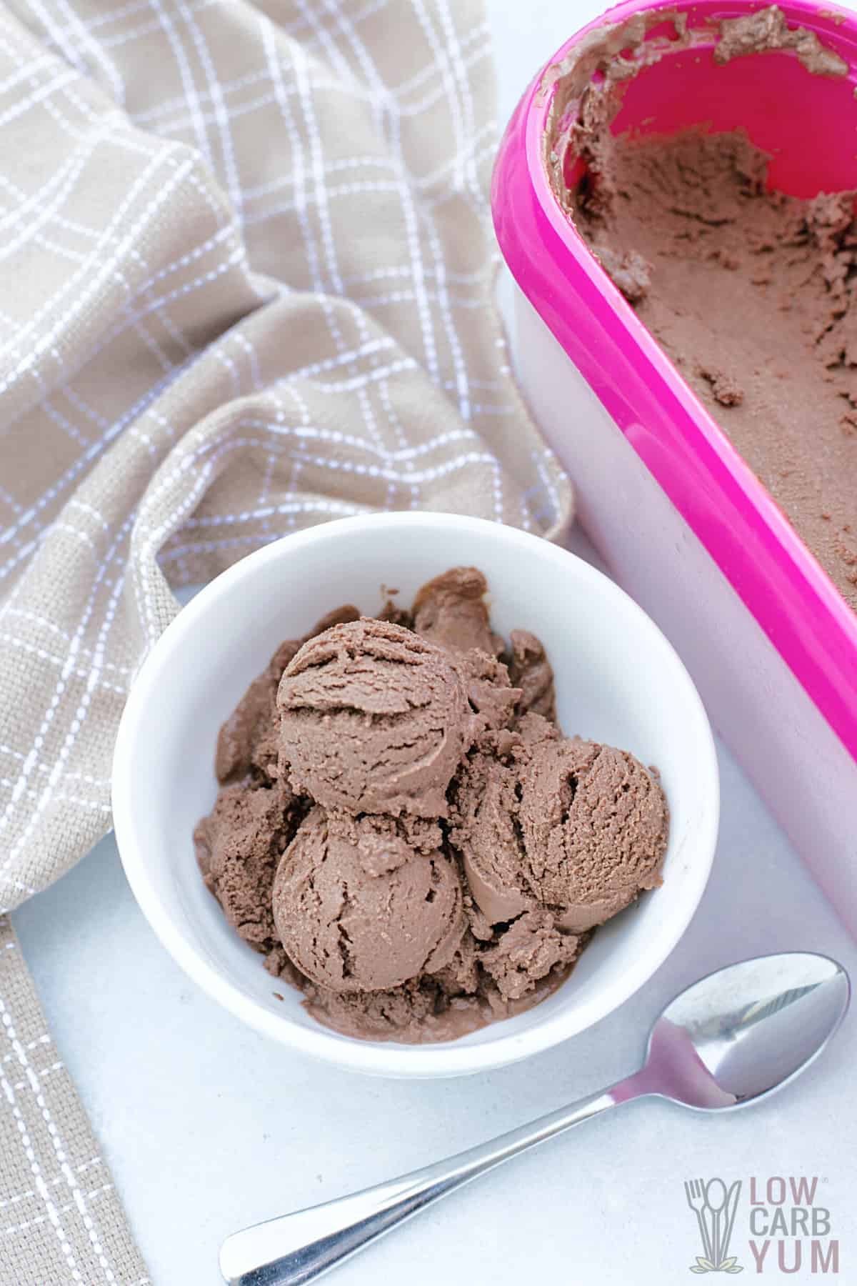 scoops of dairy free chocolate frozen treat in white bowl next to freeze container.