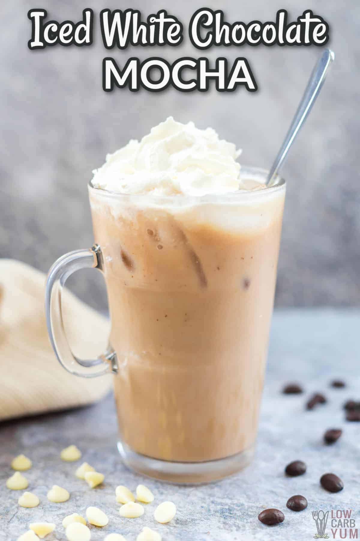 iced white chocolate mocha in glass with text overlay.