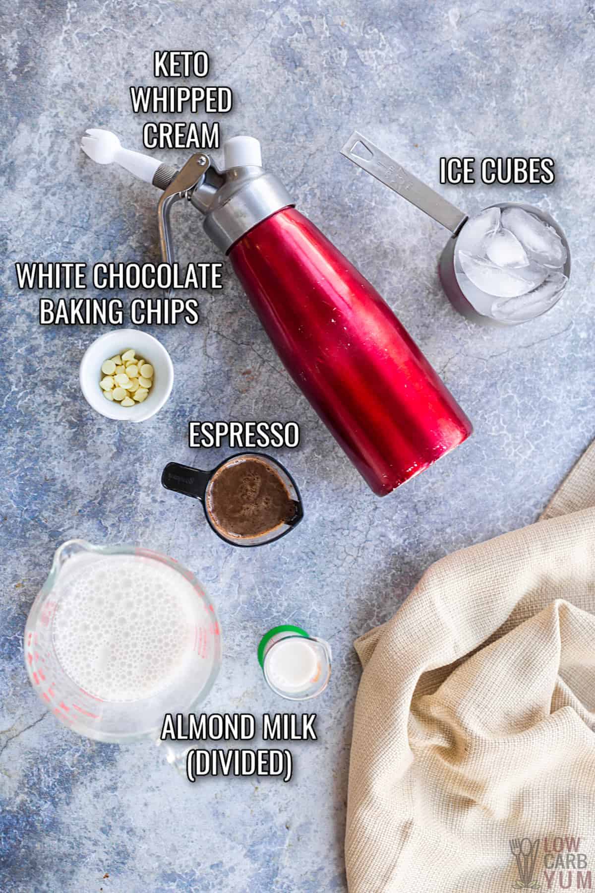 ingredients for the iced white chocolate mocha recipe.