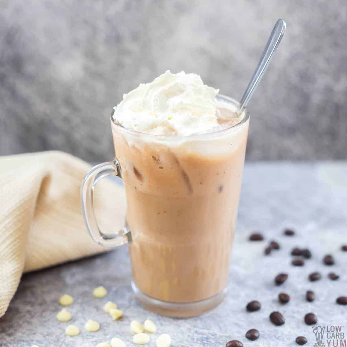 iced white chocolate mocha with chips and coffee beans.