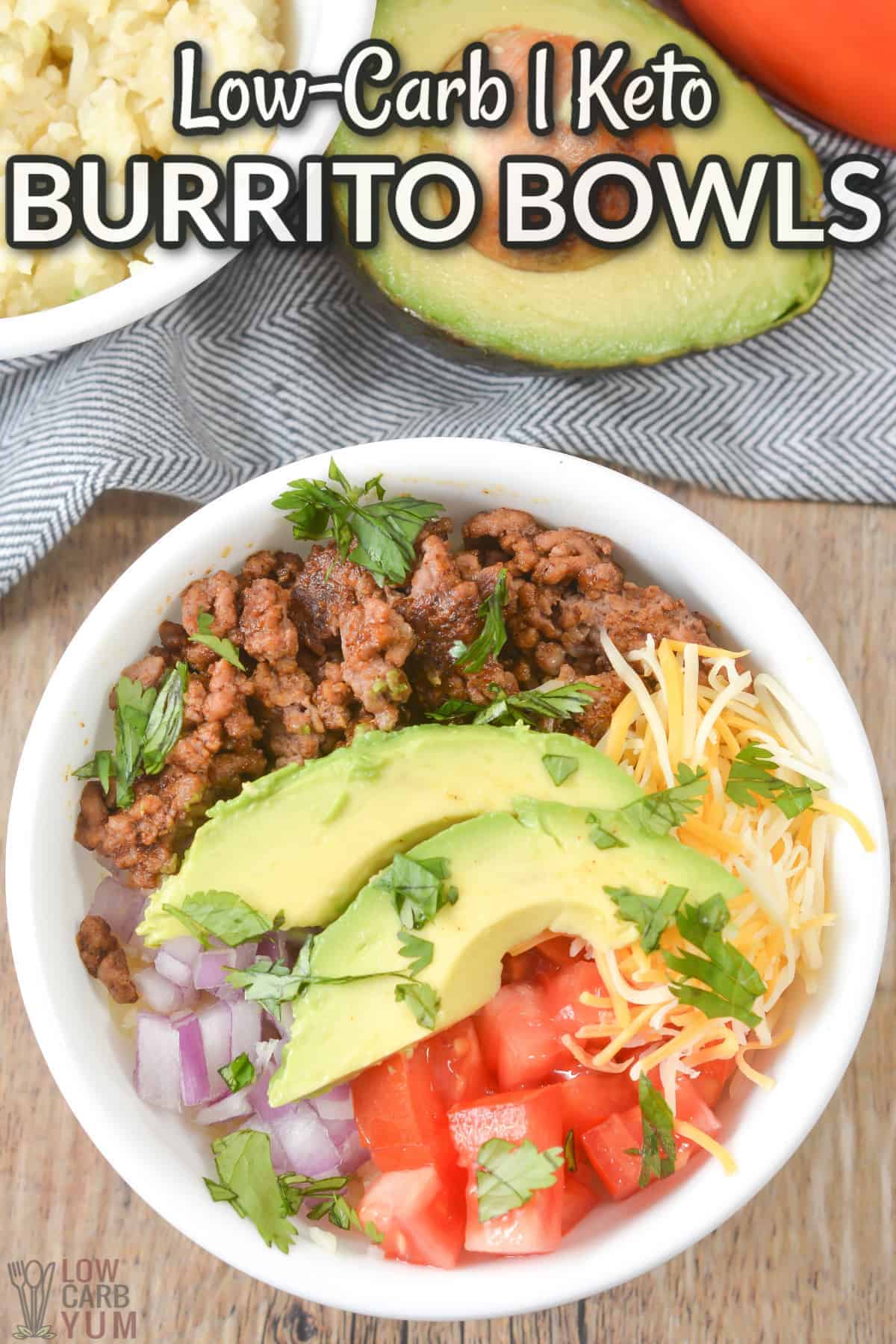 keto burrito bowl with text overlay.