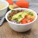 keto burrito bowl with ingredients.