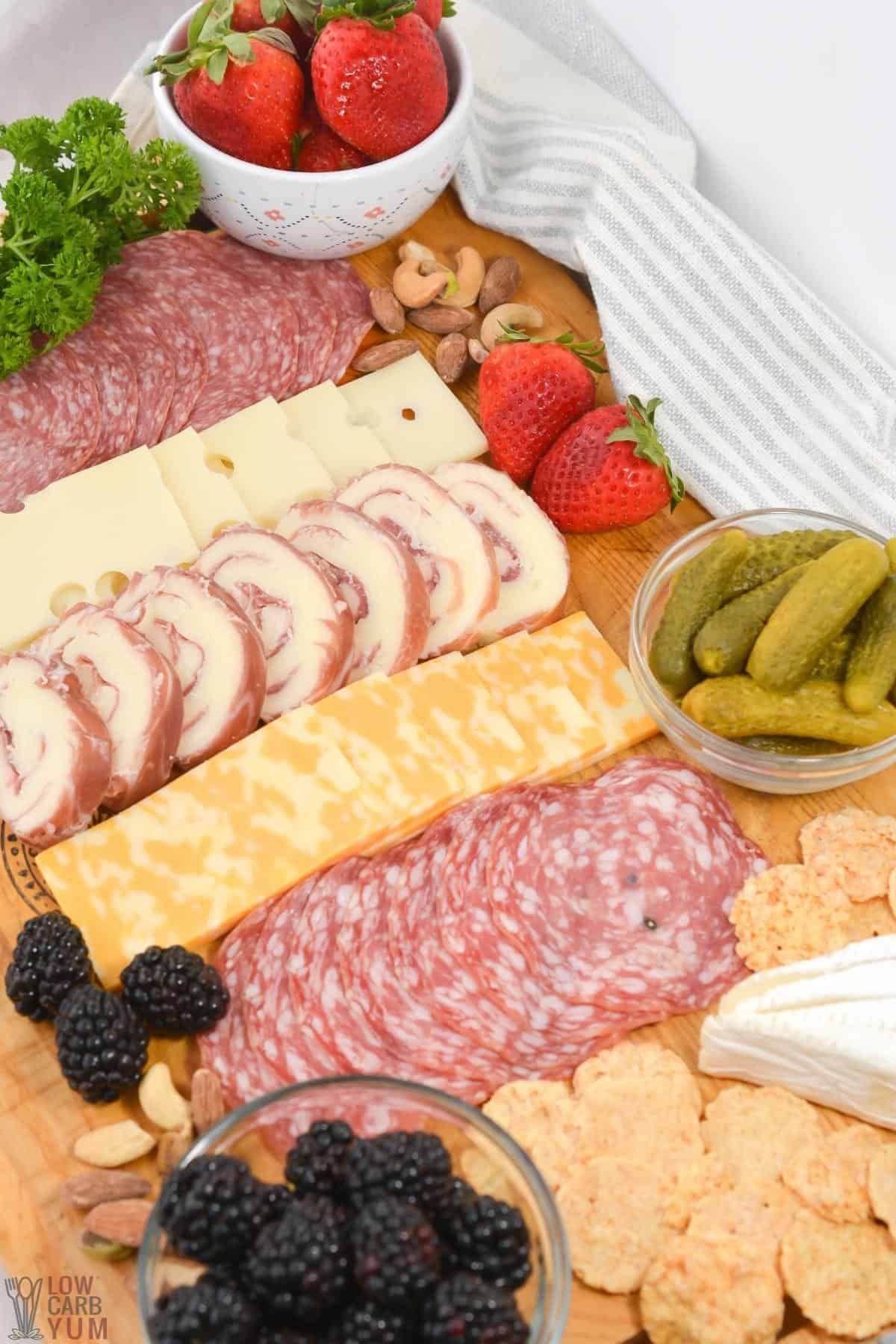 angle shot of keto charcurterie board.