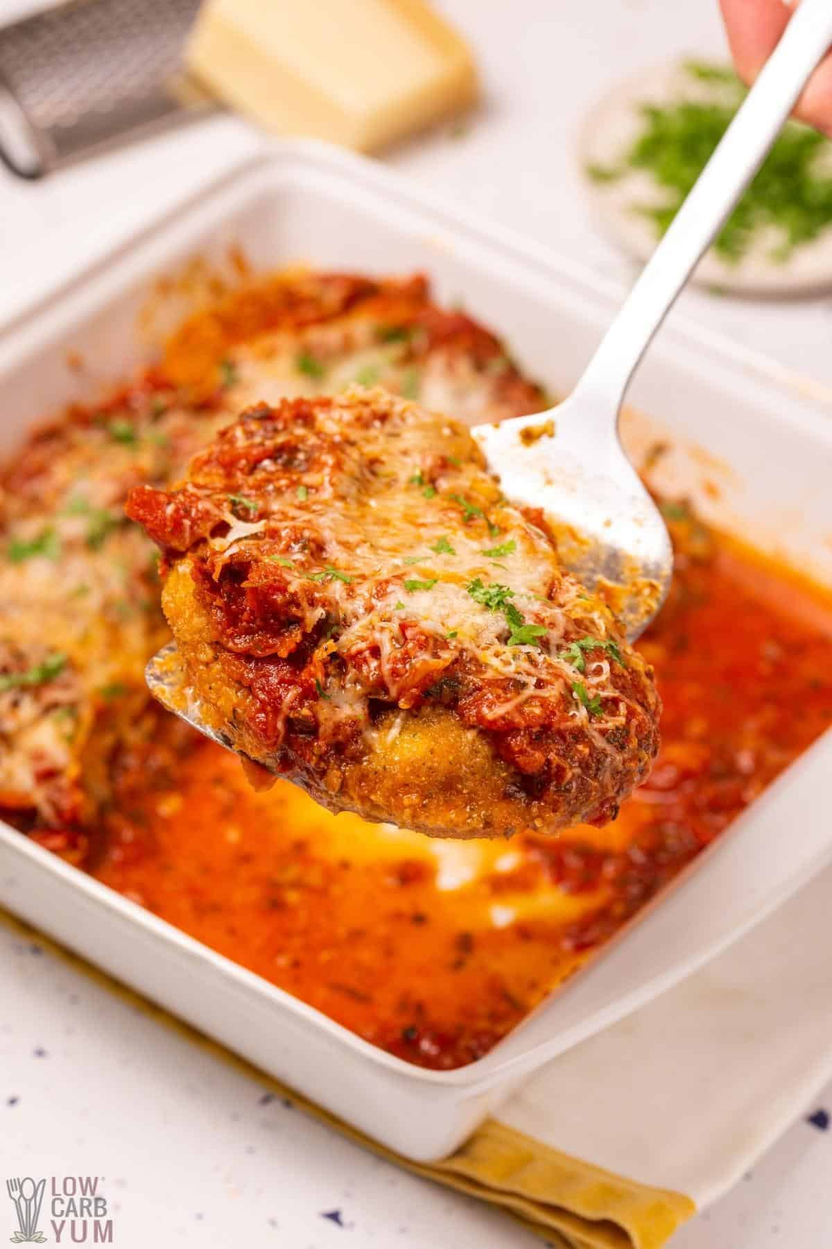 keto chicken parm on serving spatula.