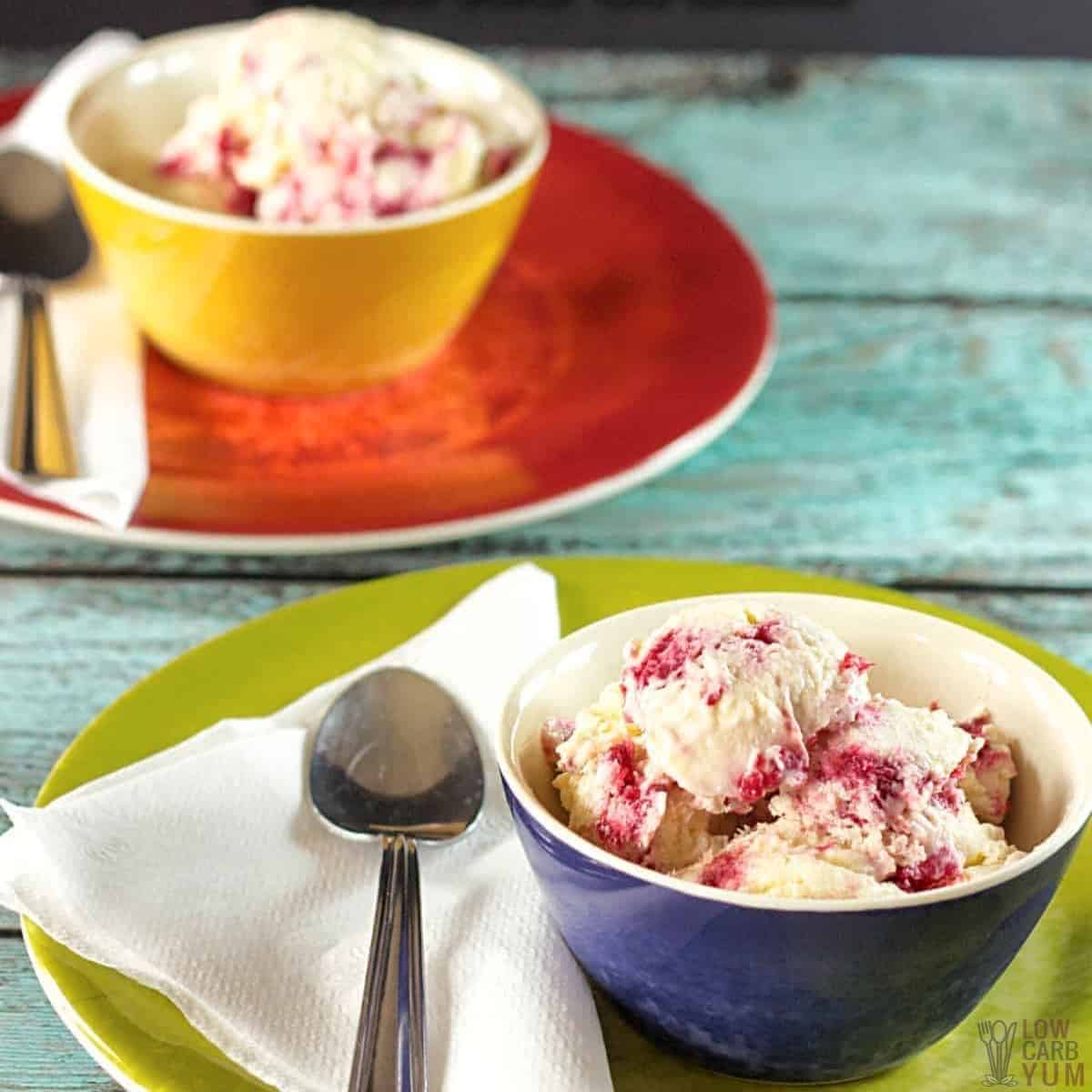 two small bowls of raspberry cheesecake ice cream with text overlay.