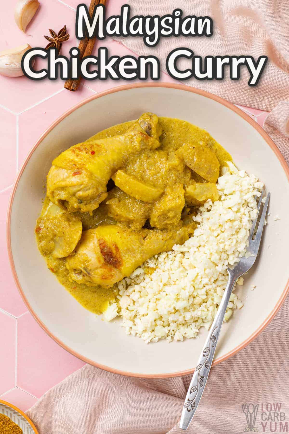 malaysian chicken curry with text overlay.