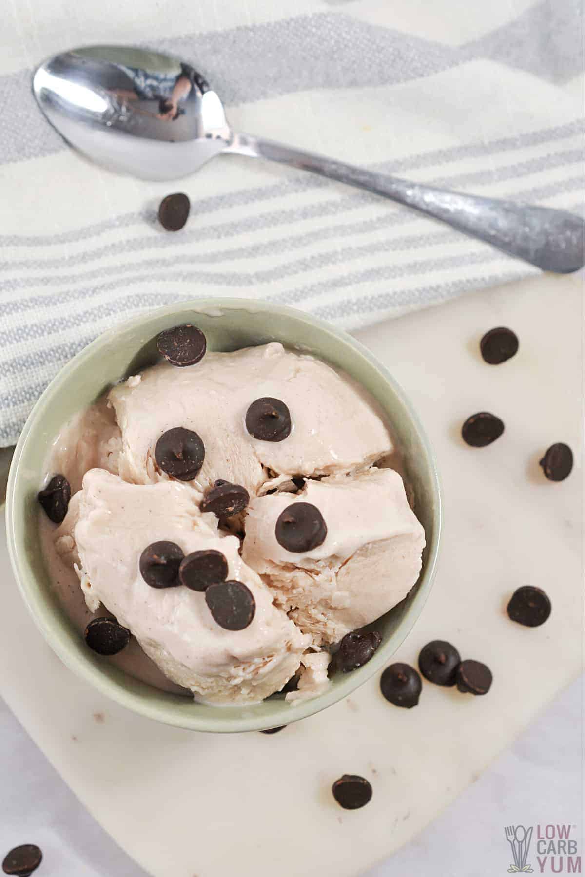 keto protein ice cream in small bowl topped with chocolate chips.