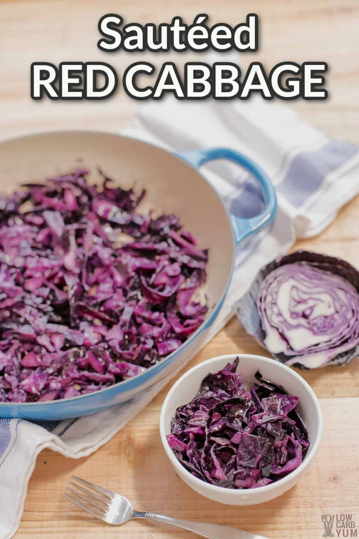sautéed red cabbage with text overlay.
