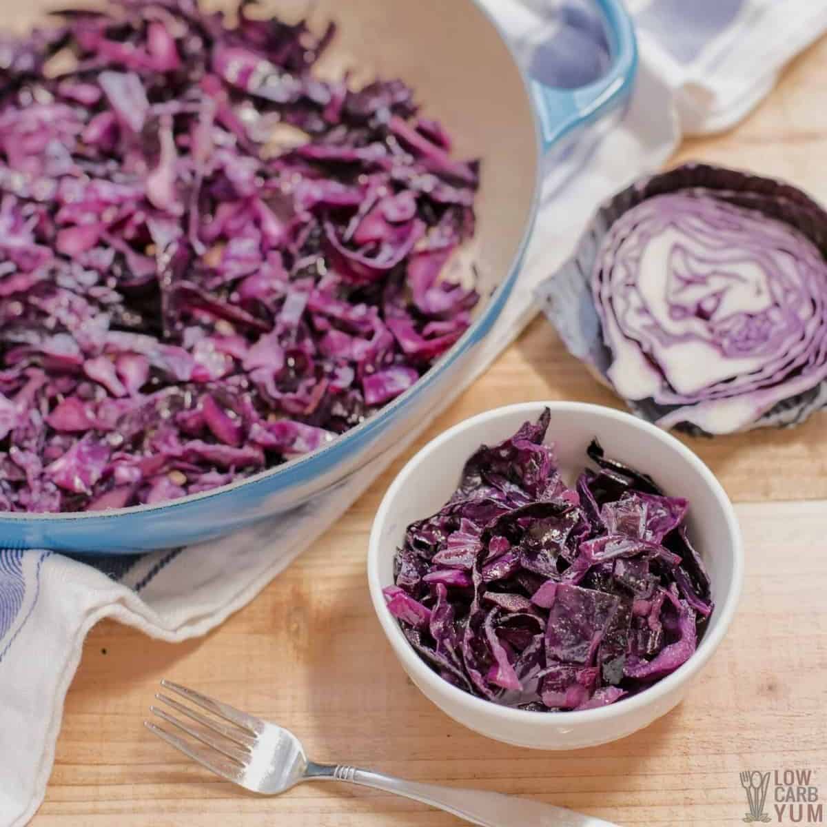 sautéed red cabbage in small white bowl and skillet.