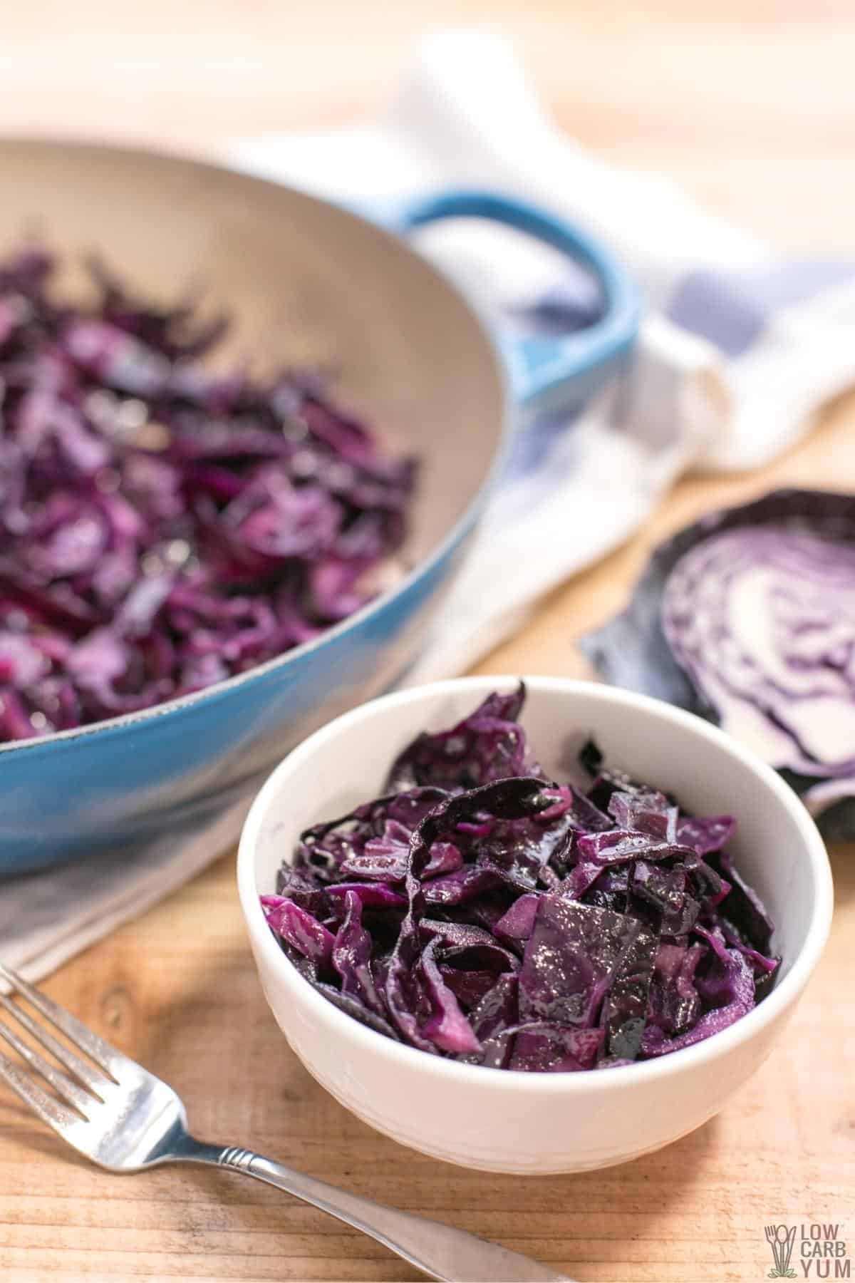 sautéed red cabbage in small serving bowl.
