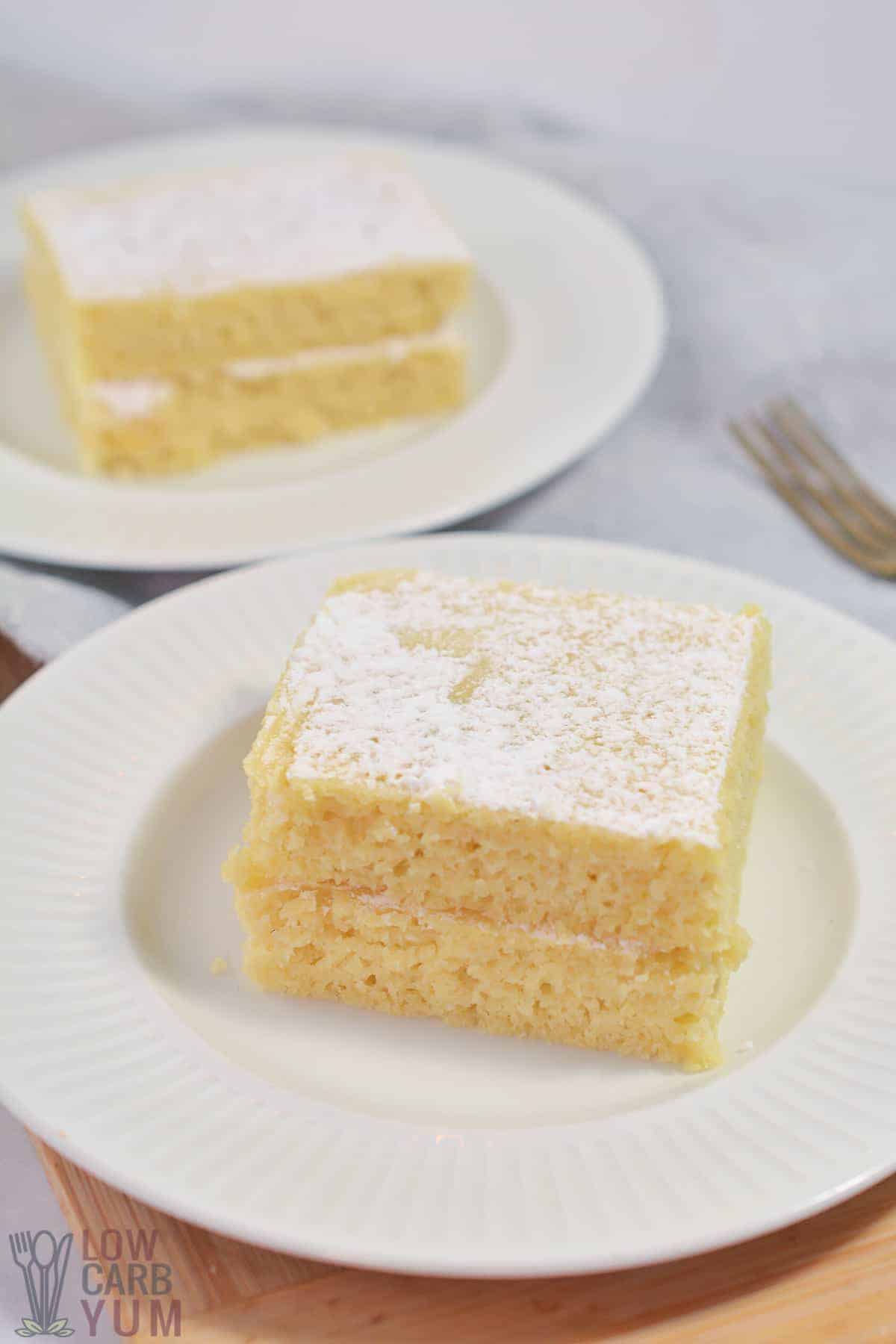 almond flour cake slices on white plates.