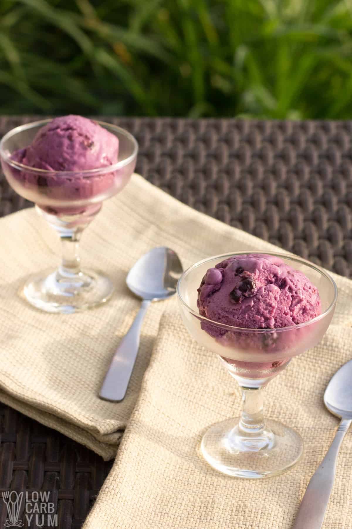 keto blueberry ice cream in glass dessert dishes.