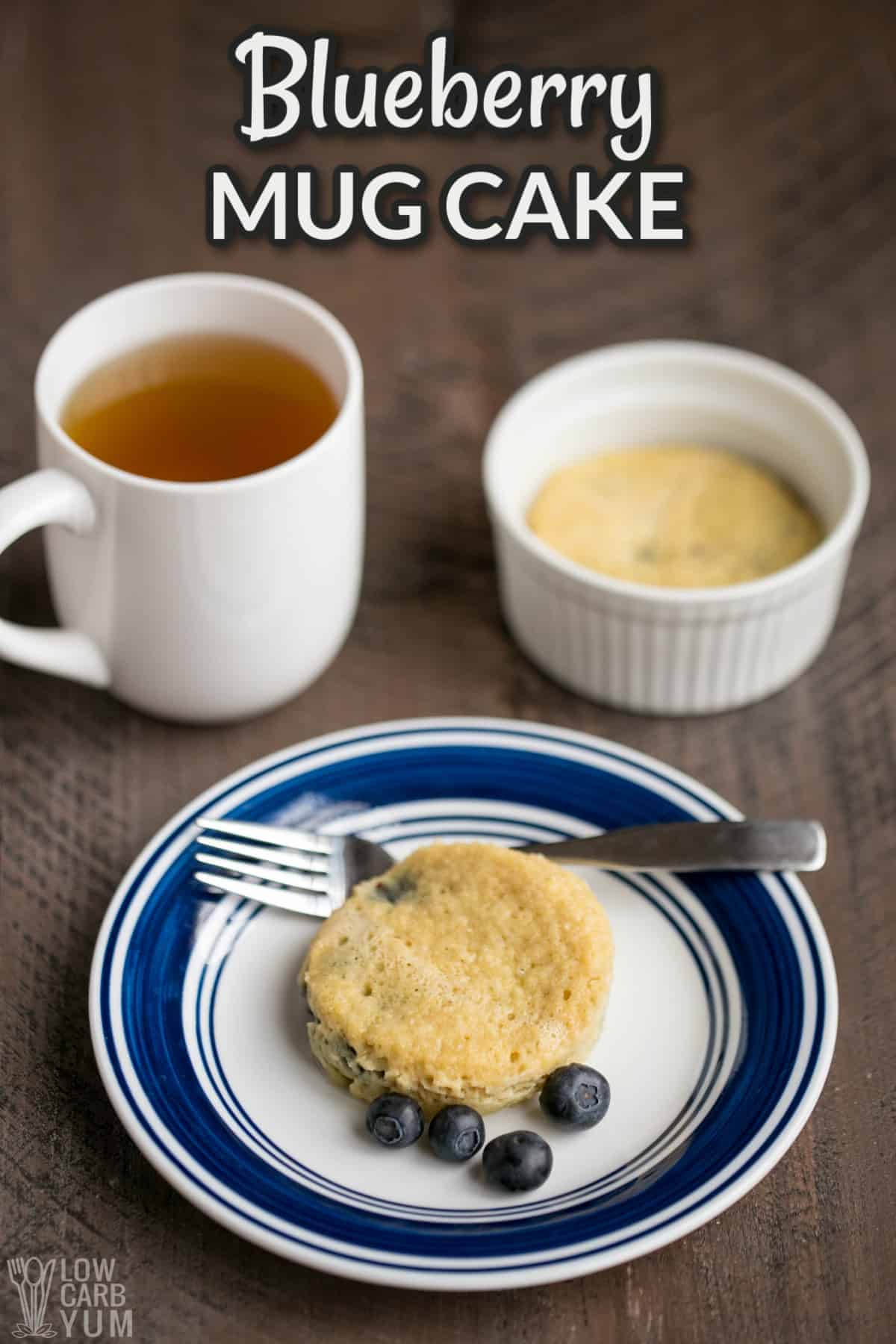 blueberry mug cake with text overlay.