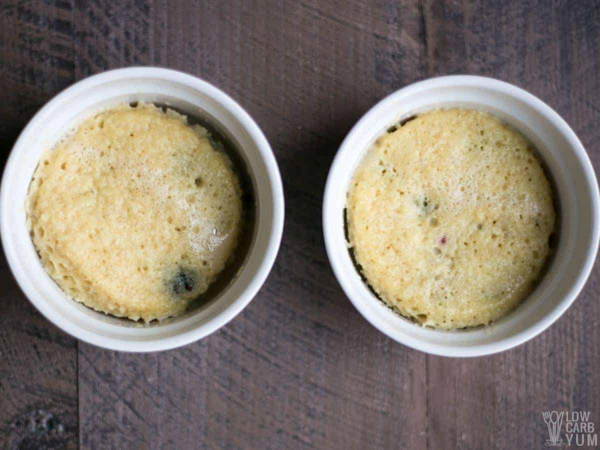 blueberry mug cakes cooked in ramekins.