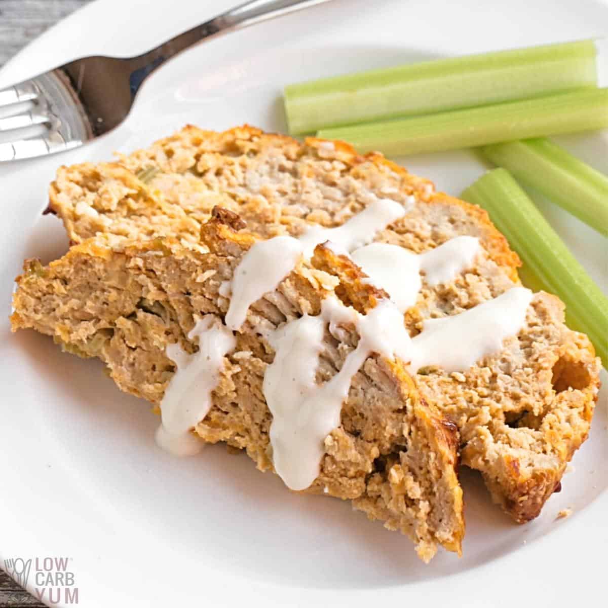 buffalo chicken meatloaf slices with celery.