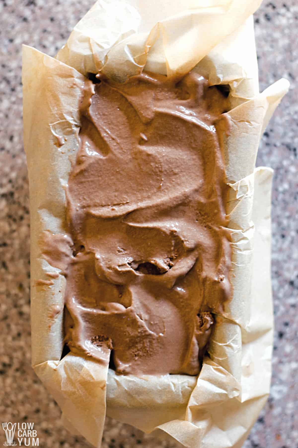 chocolate ice cream in lined loaf pan.