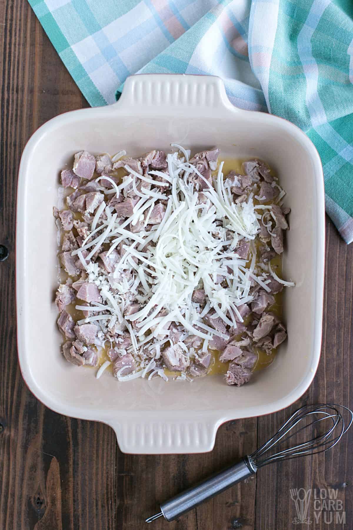 ham and cheese in baking dish.