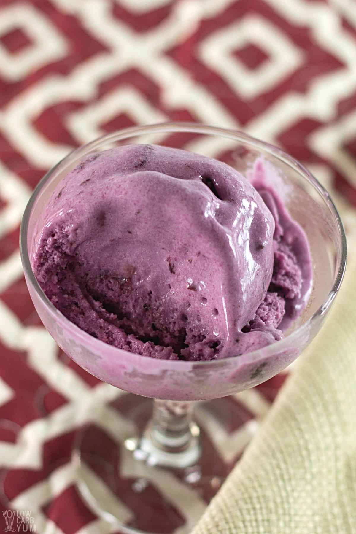 scoop of blueberry ice cream in dessert dish with spoonful missing.