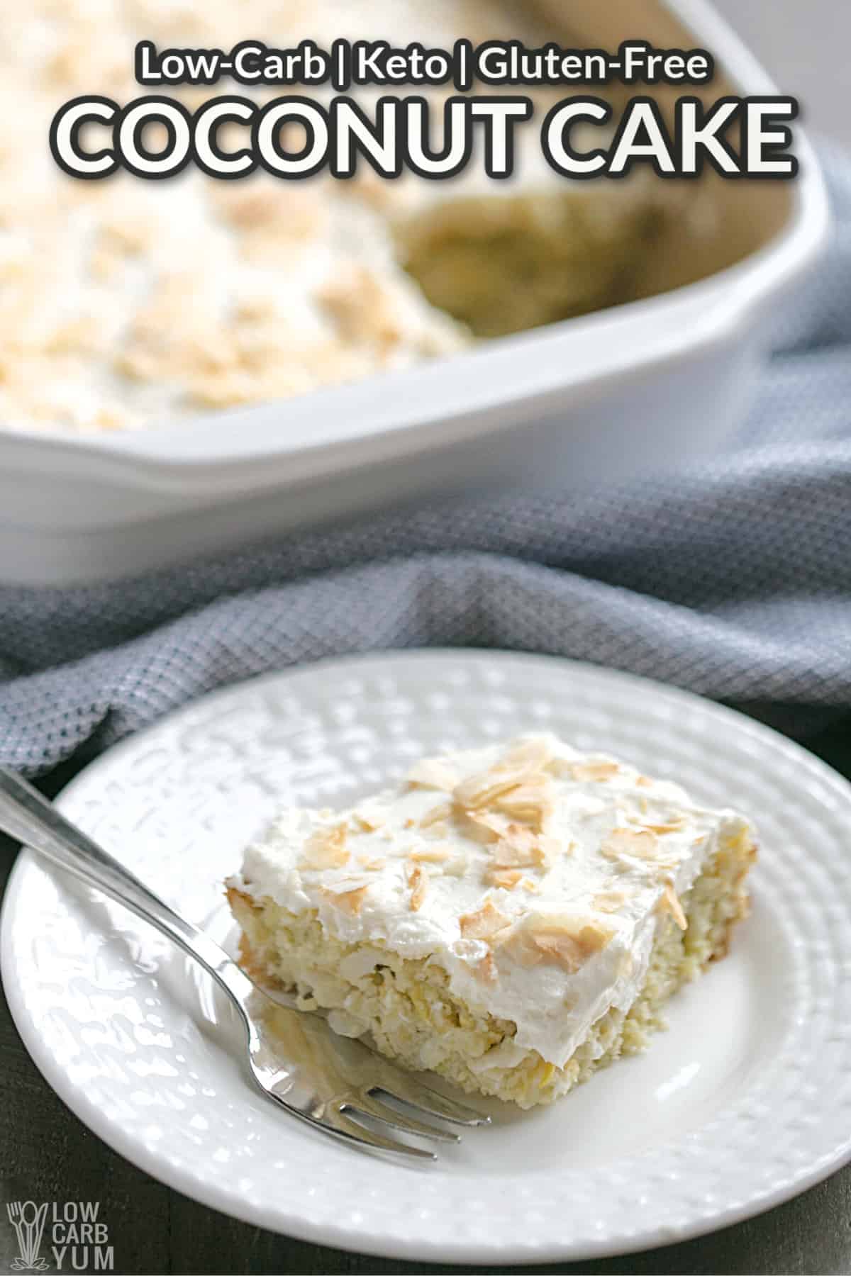 keto coconut cake slice on white plate with text overlay.