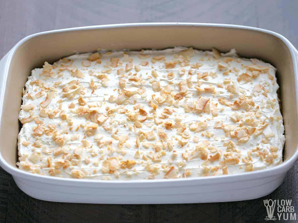 keto coconut cake in pan.