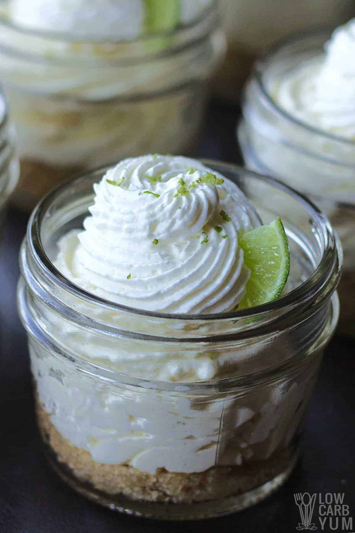 keto no-bake key lime cheesecakes in jars.