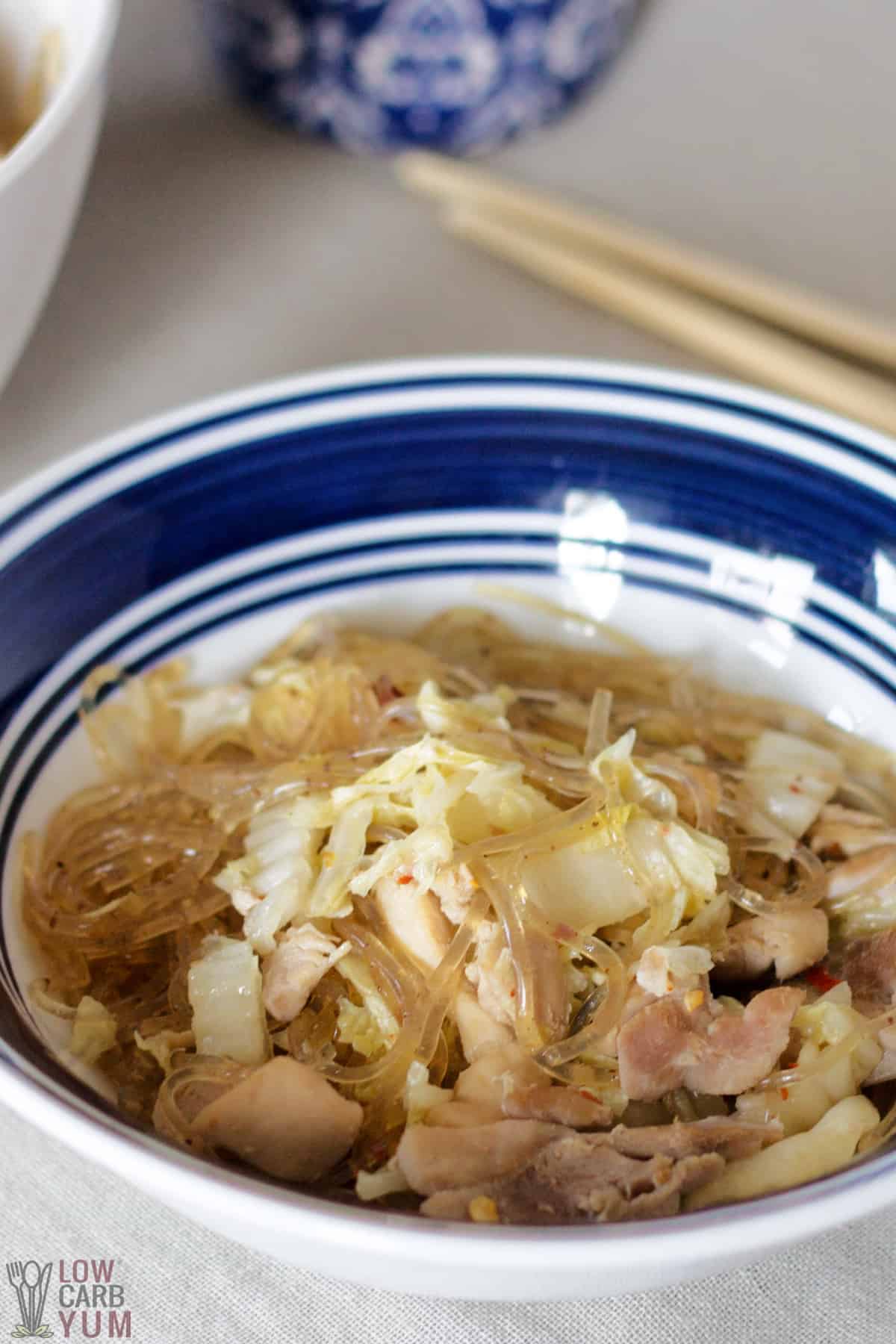 keto lo mein in blue and white bowl.