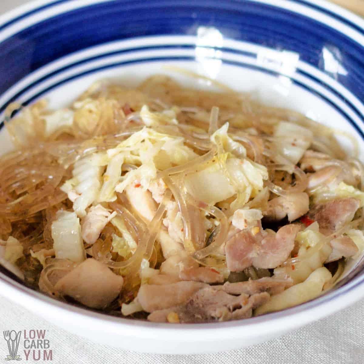 keto lo mein in blue and white bowl.