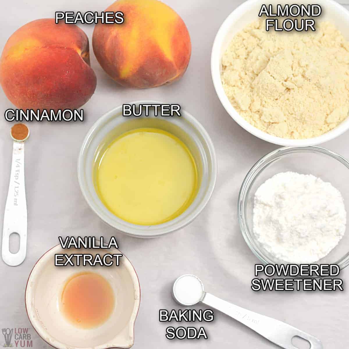 ingredients for keto peach cobbler recipe.