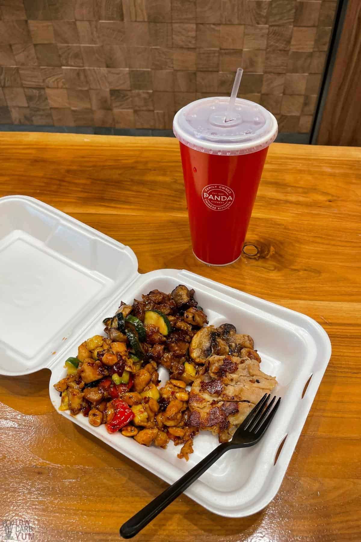 eating low-carb food and drink at panda express restaurant.