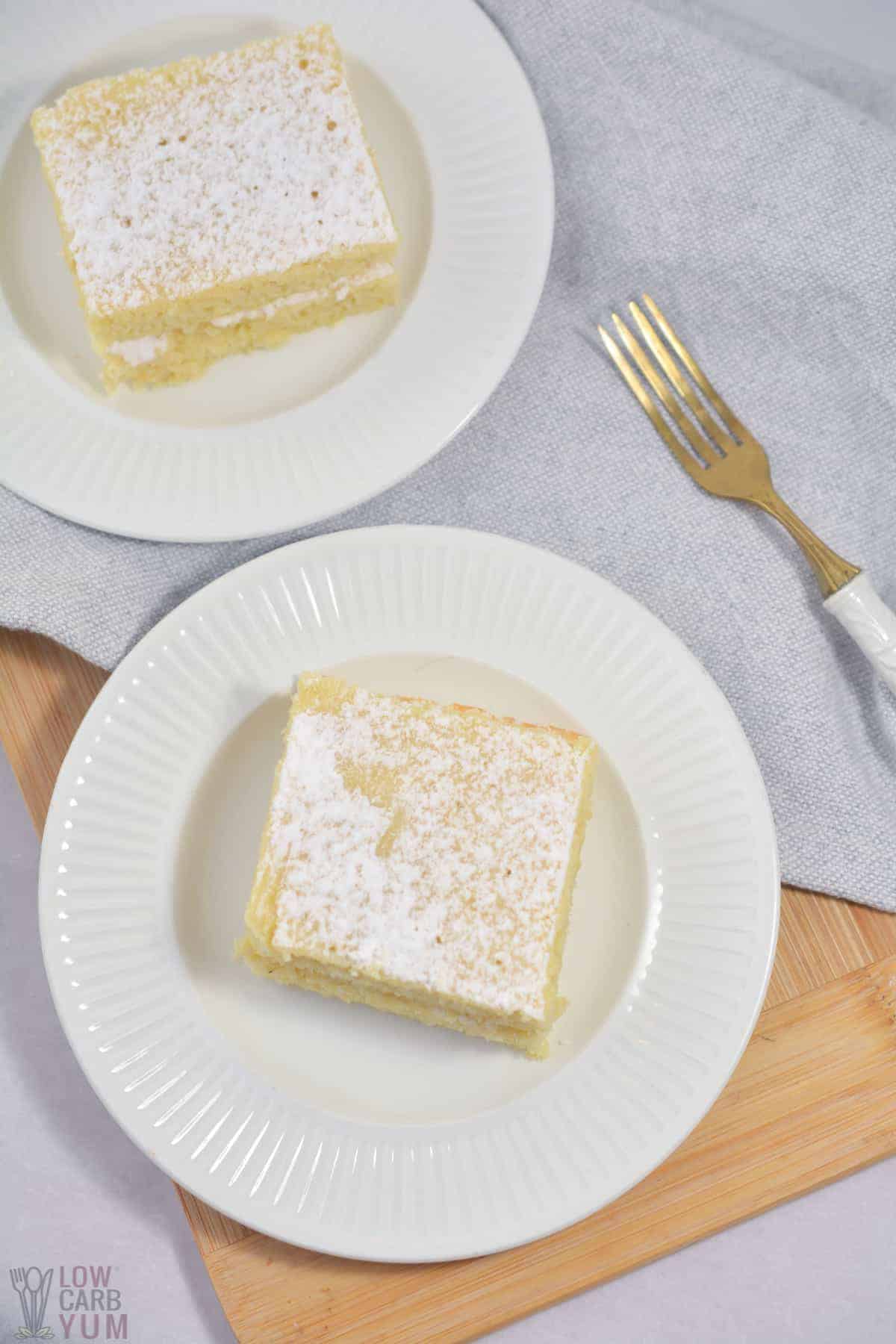 serving cake slices on small white plates.