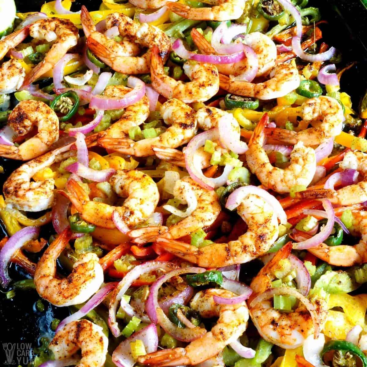 shrimp fajitas mixture on sheet pan.