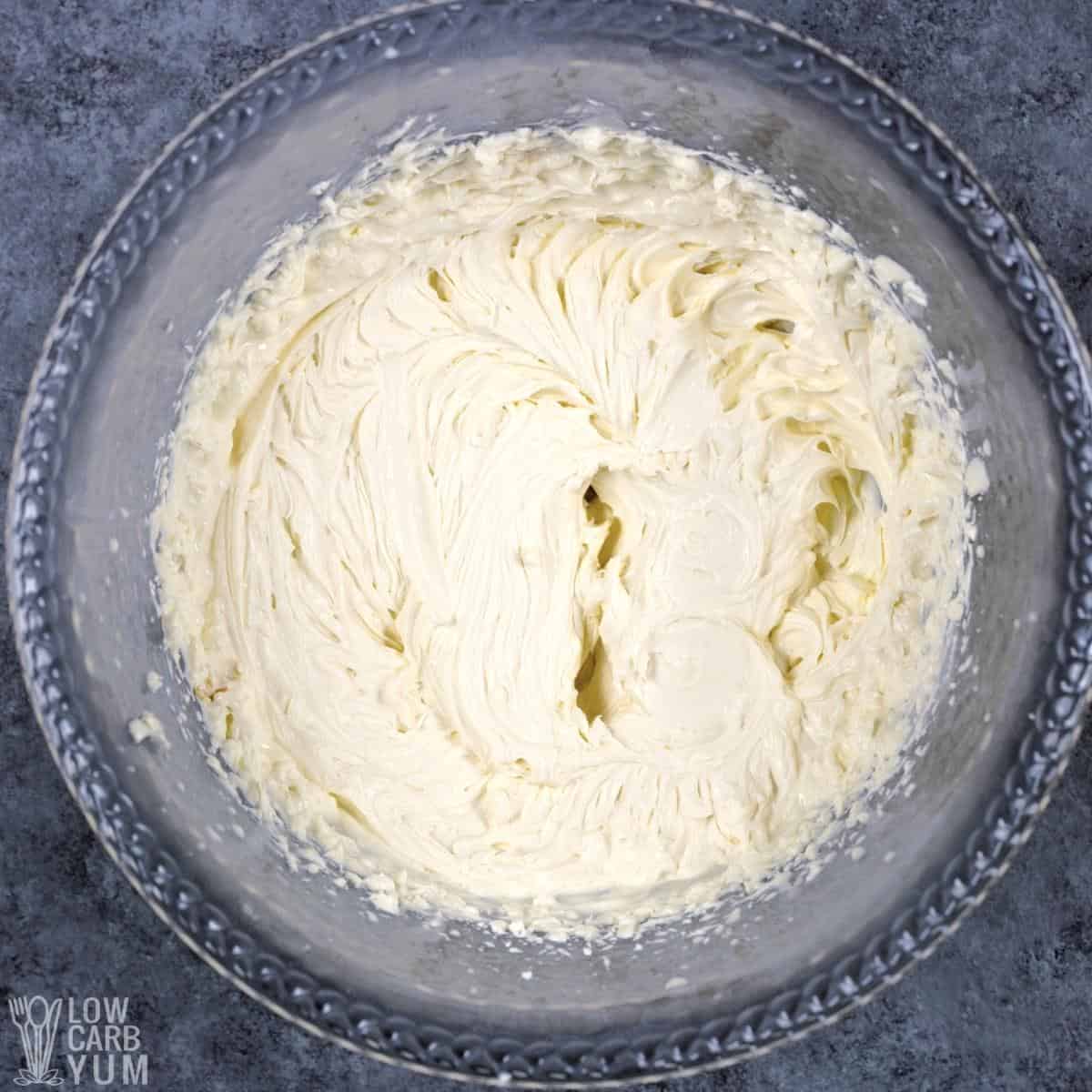 sweet cream cheese mixture in large clear bowl.