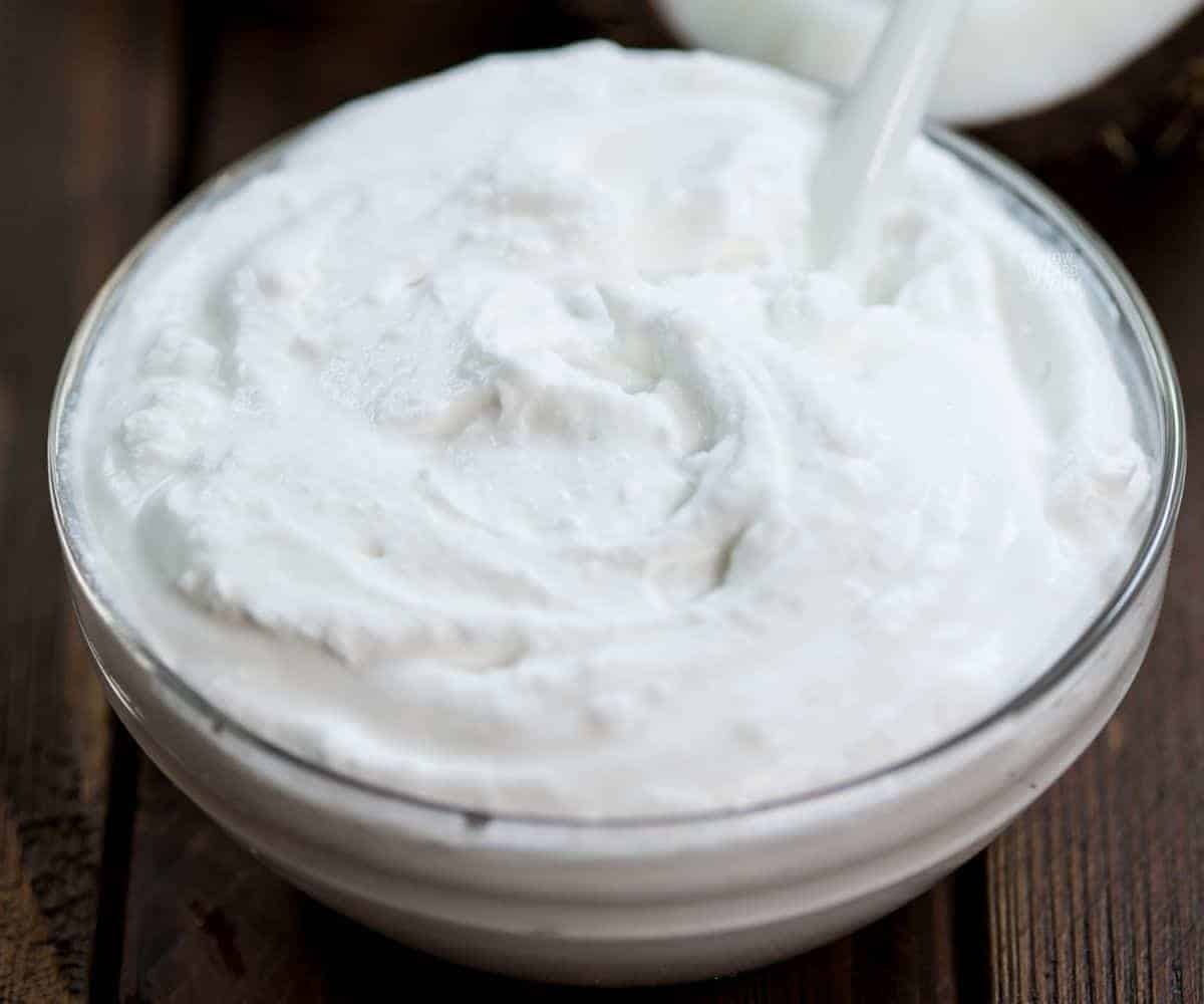 whipped coconut cream in bowl.