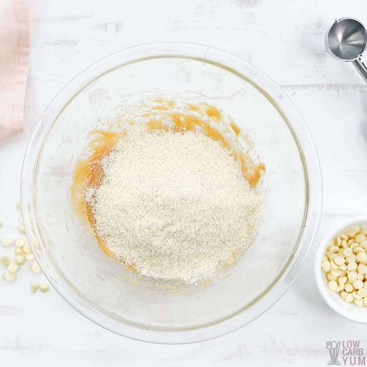 adding almond flour to spread mixture.