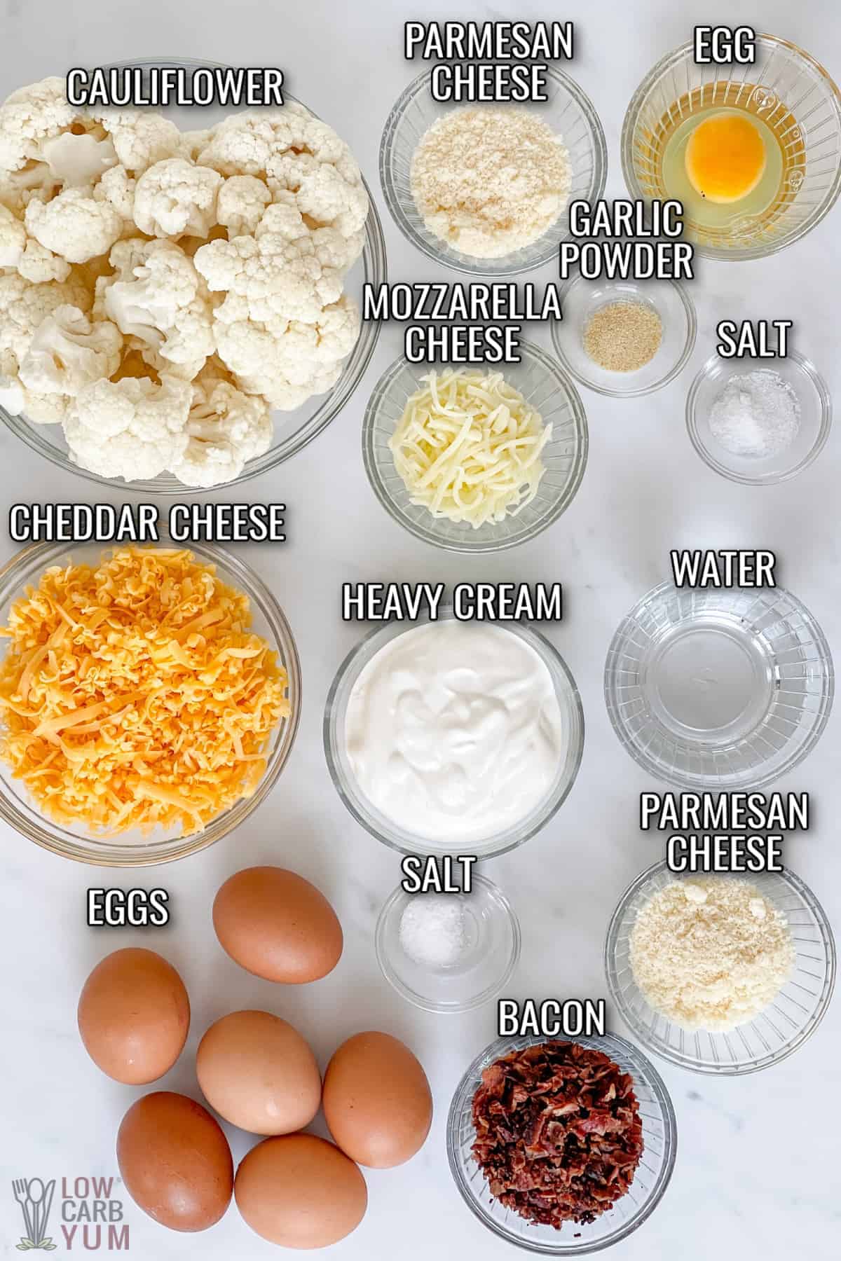 ingredients for cauliflower crust quiche with bacon and cheese.