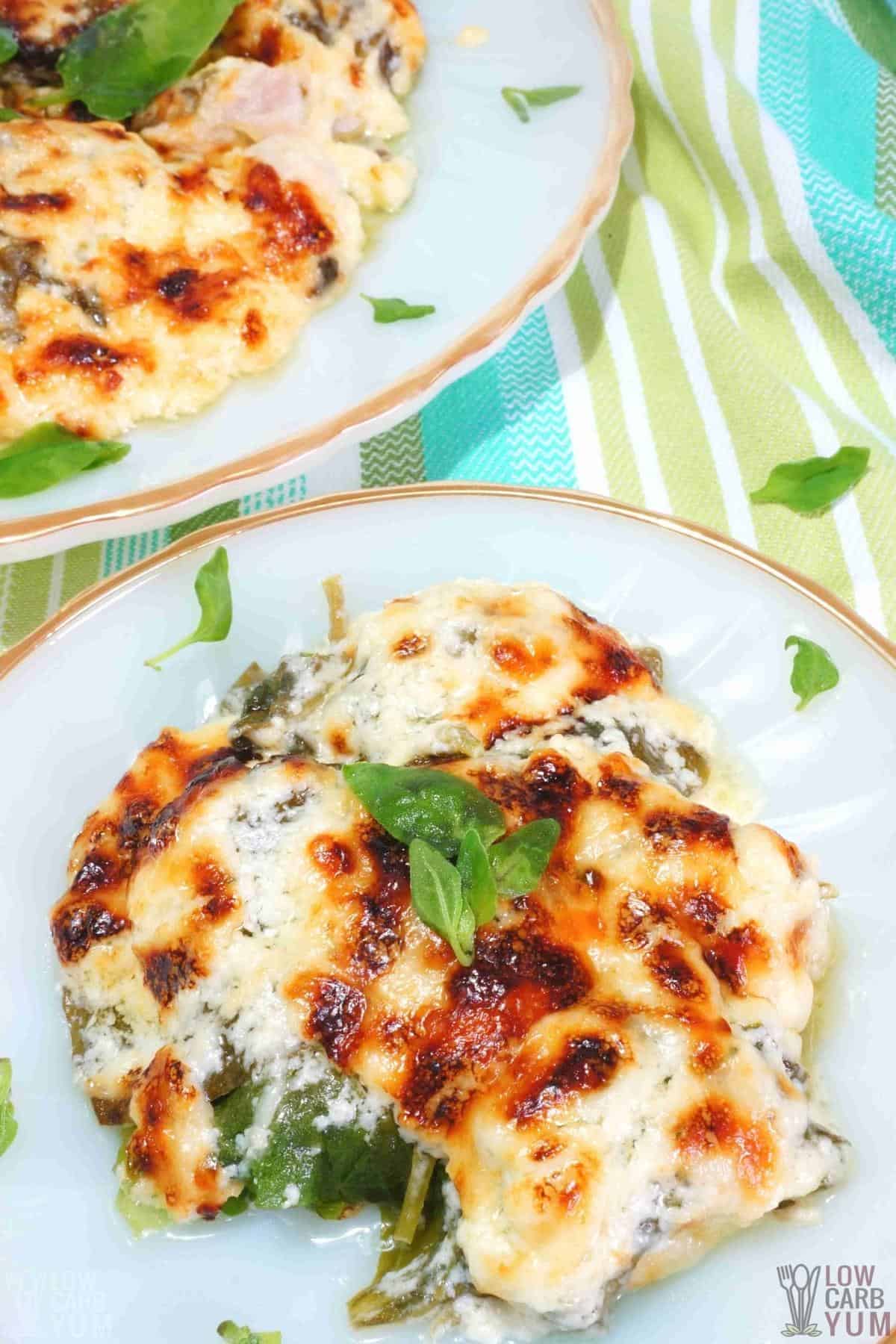 chicken florentine casserole on serving plates.