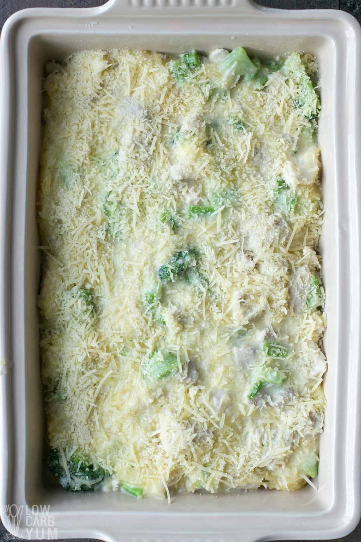 unbaked healthy chicken tetrazzini casserole.