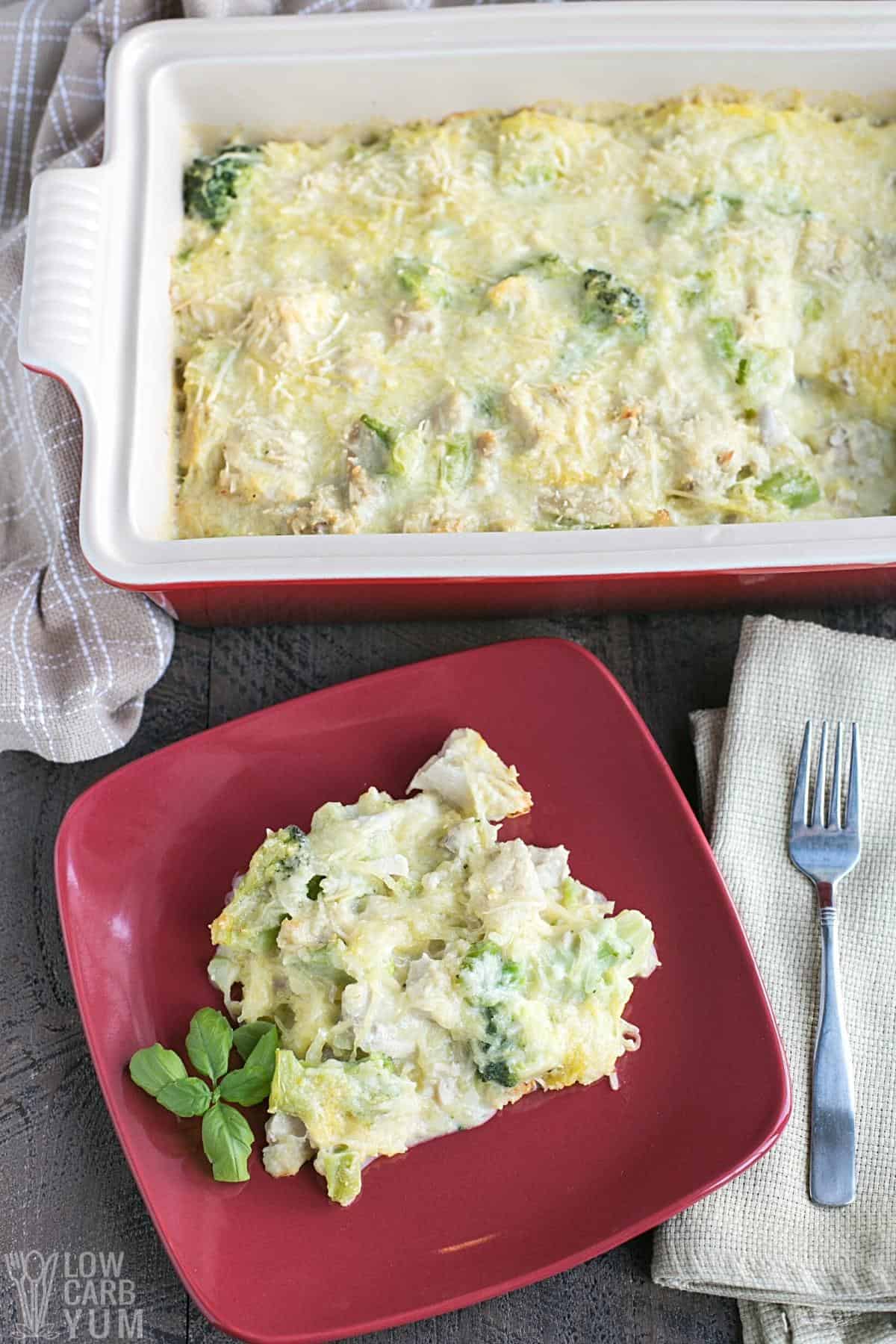 tall overhead view of chicken tetrazzini casserole.