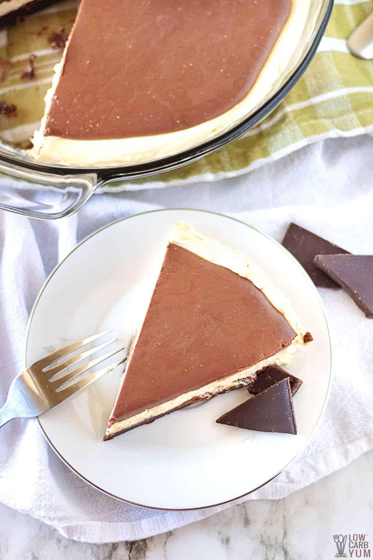 overhead view of keto chocolate peanut butter pie sliced.