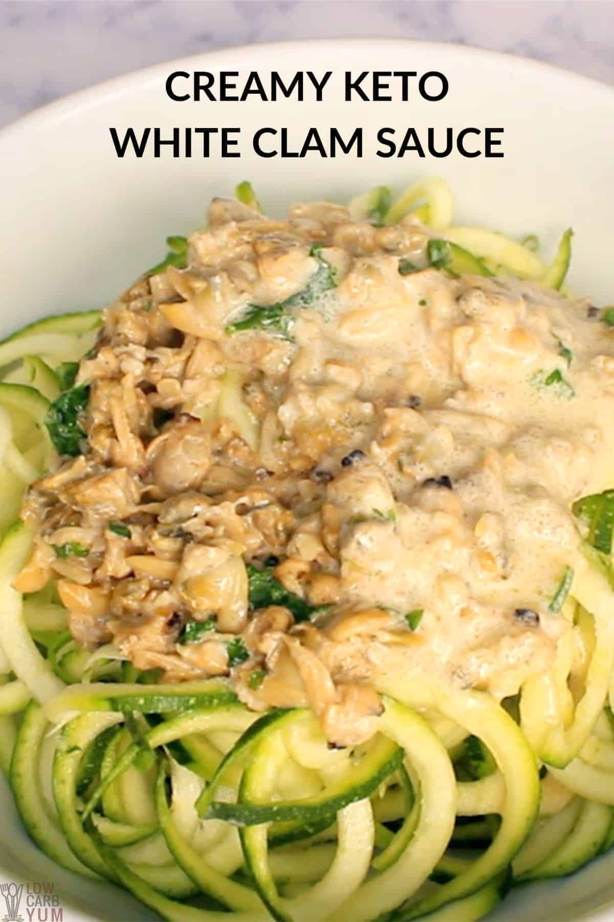 creamy white clam sauce with text overlay.