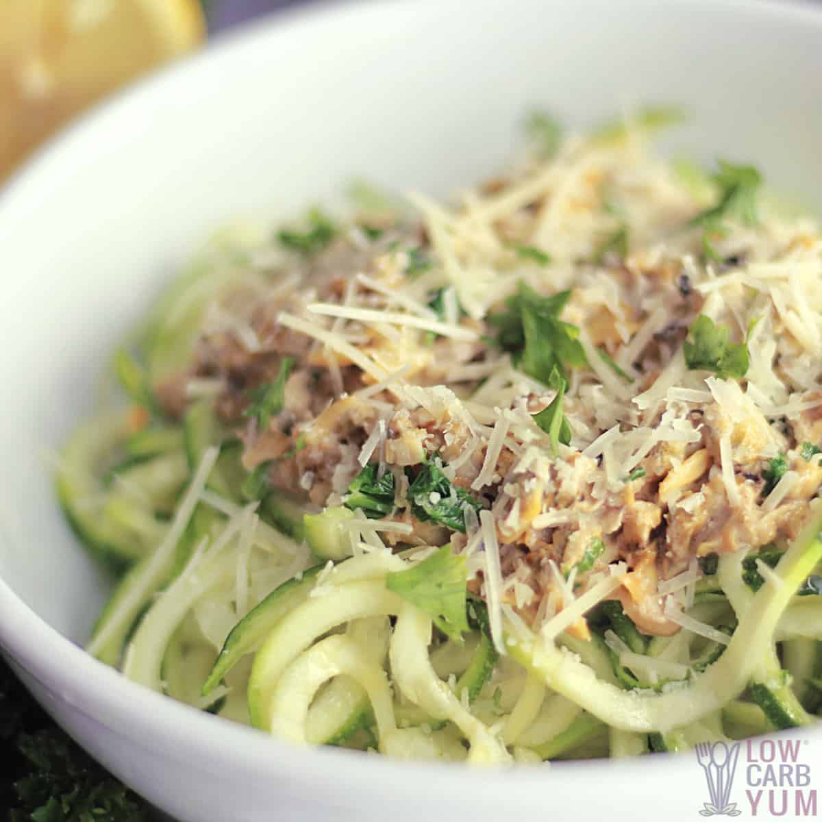 white clam sauce over zucchini noodles.