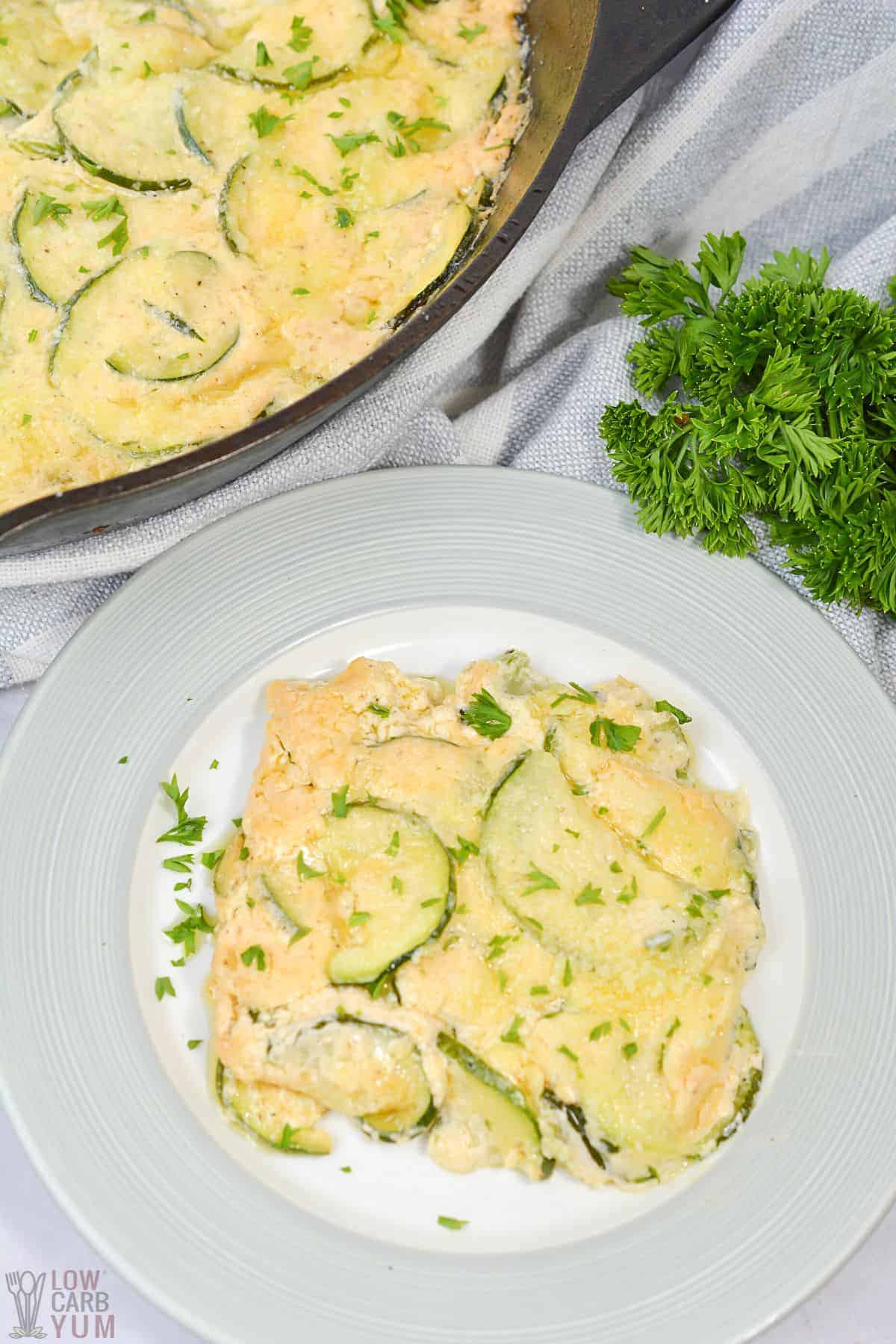 scalloped squash on serving plate.