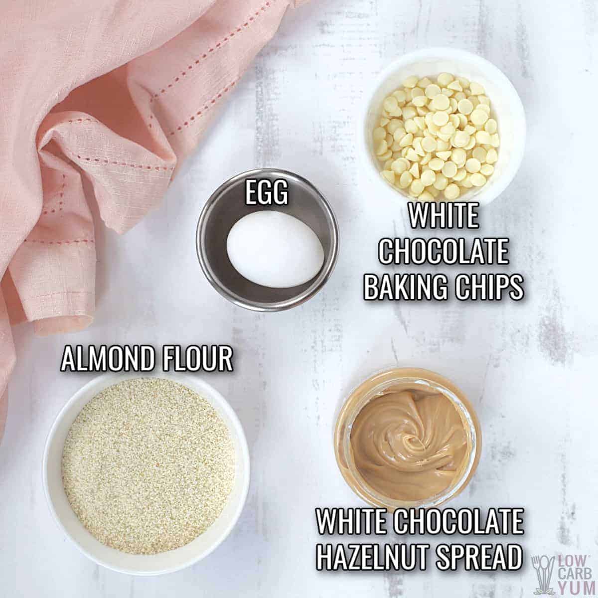 ingredients for white chocolate hazelnut cookies.