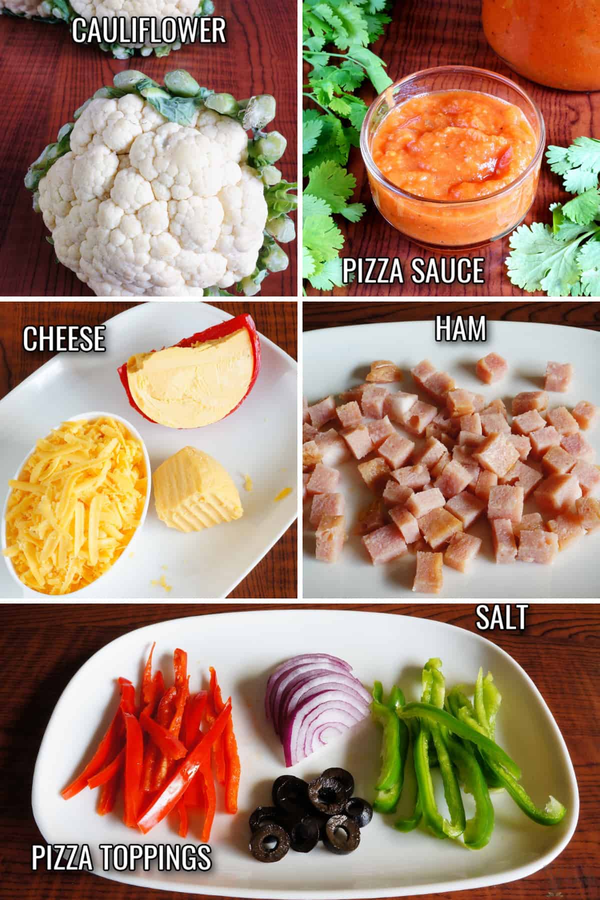 ingredients for keto cauliflower pizza bites recipe.