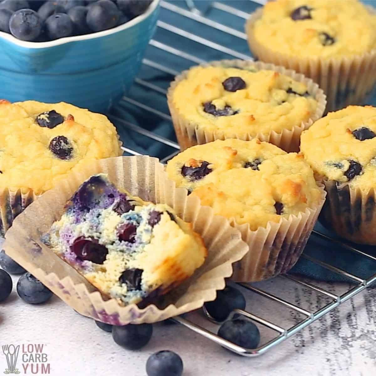 keto blueberry muffins on rack.