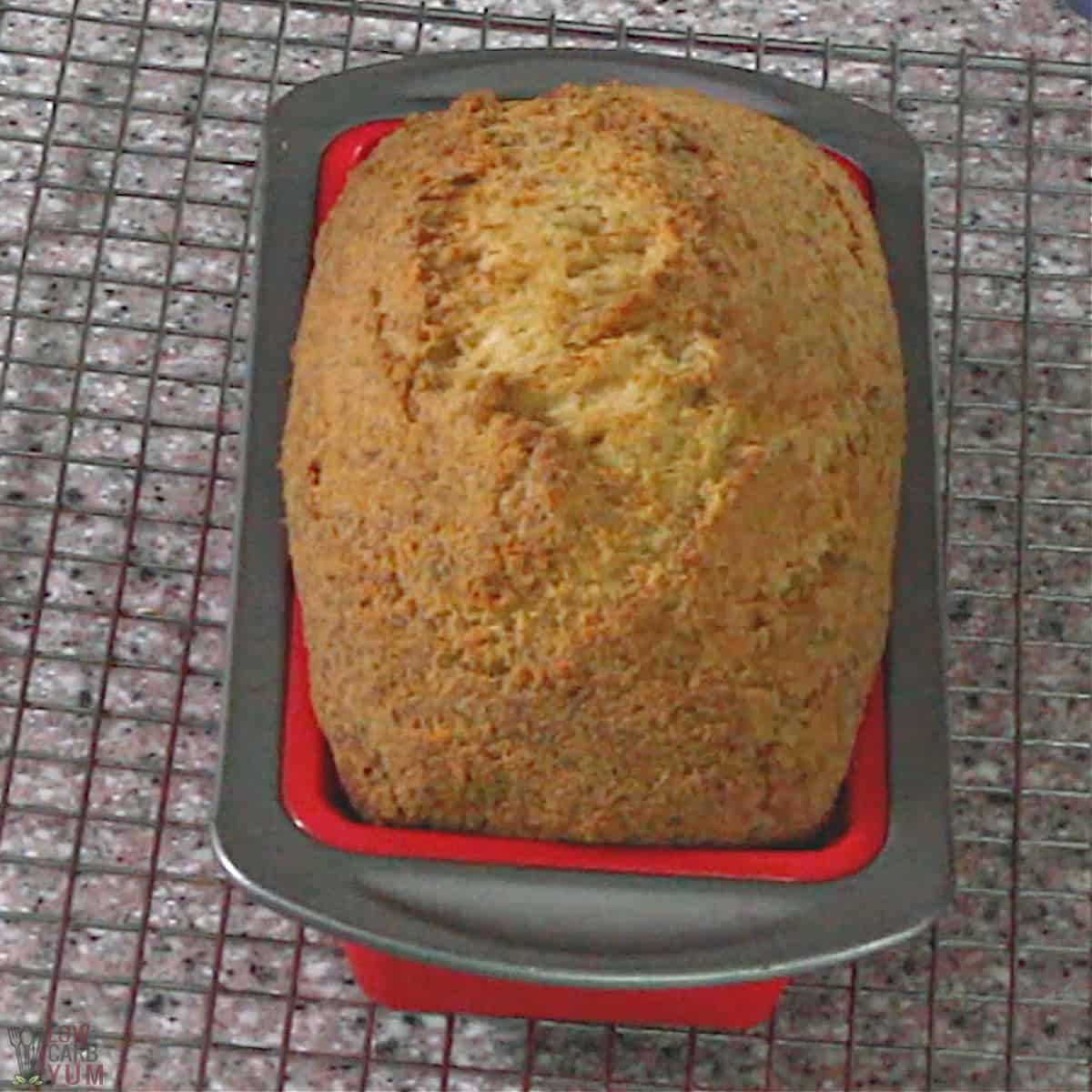 keto psyllium bread in silicone loaf pan.