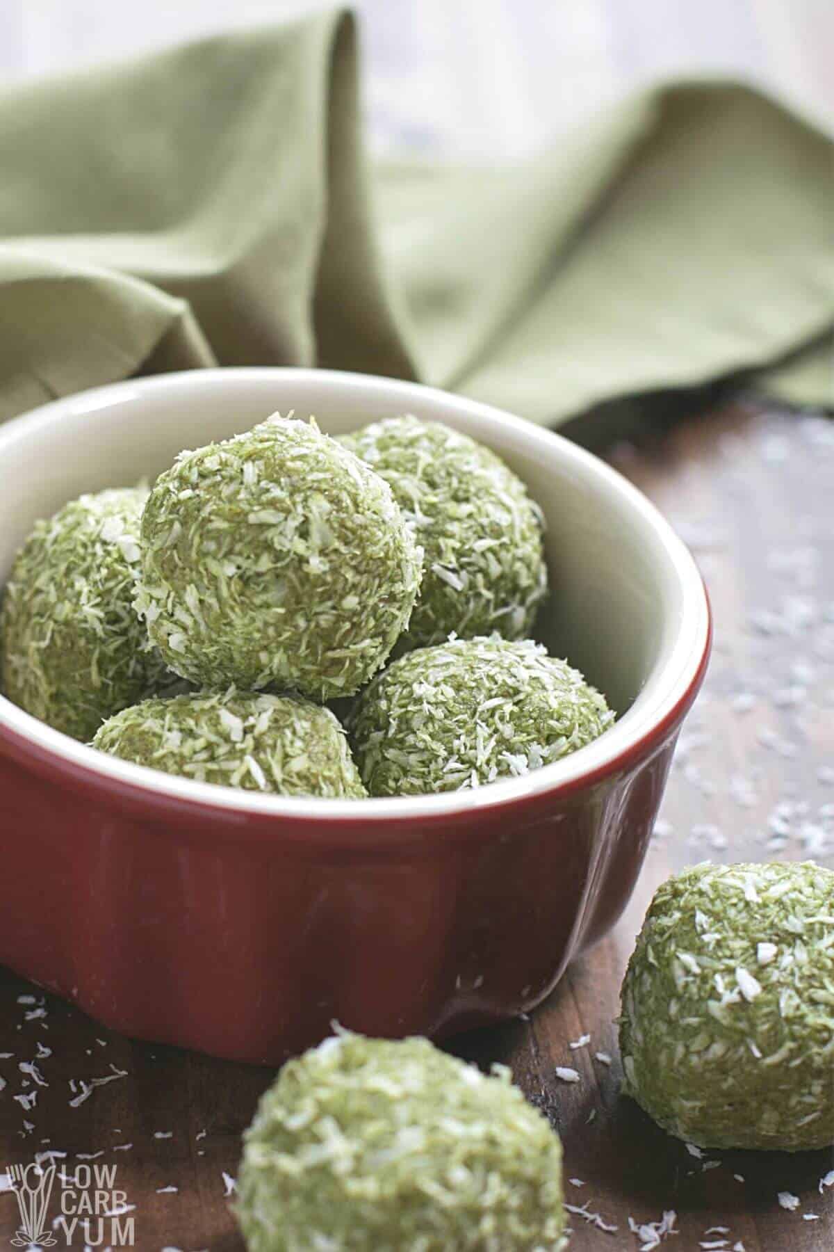 tall image of matcha protein balls.