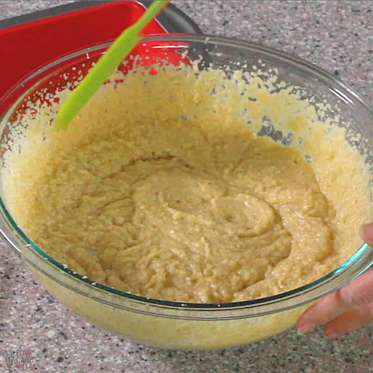 psyllium bread batter in glass mixing bowl.